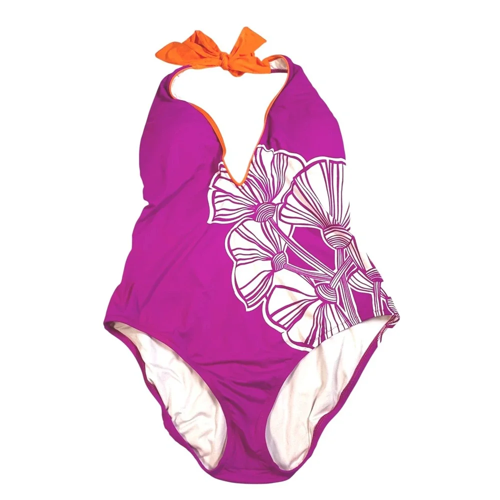Trina Turk Womens One Piece Swimsuit Pink Floral Halter Neck Size 12